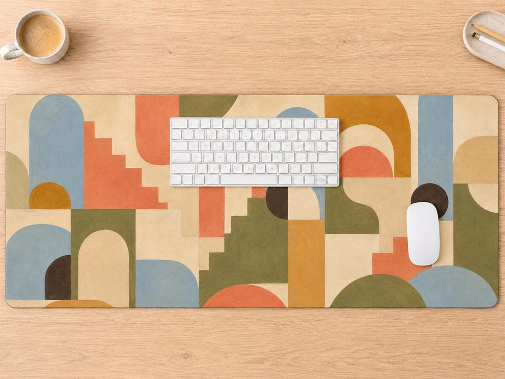Retro Geometric Desk Mat, Mid Century Modern Vegan Leather Desk Mat, Colorful Office Decor