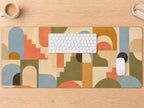 Retro Geometric Desk Mat, Mid Century Modern Vegan Leather Desk Mat, Colorful Office Decor