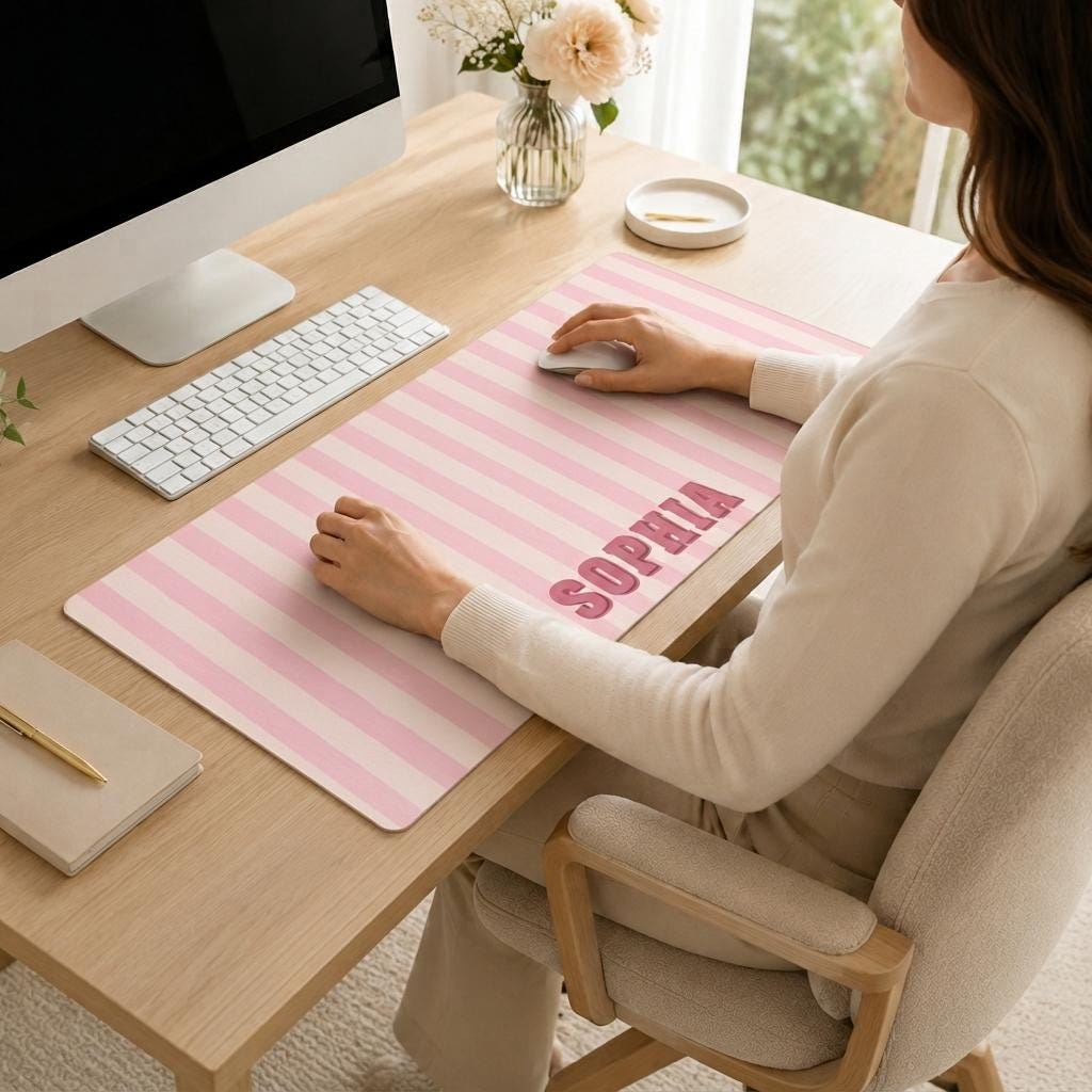 Personalized Striped Desk Mat, Custom Name Vegan Leather Desk Mat, 5 Color Options