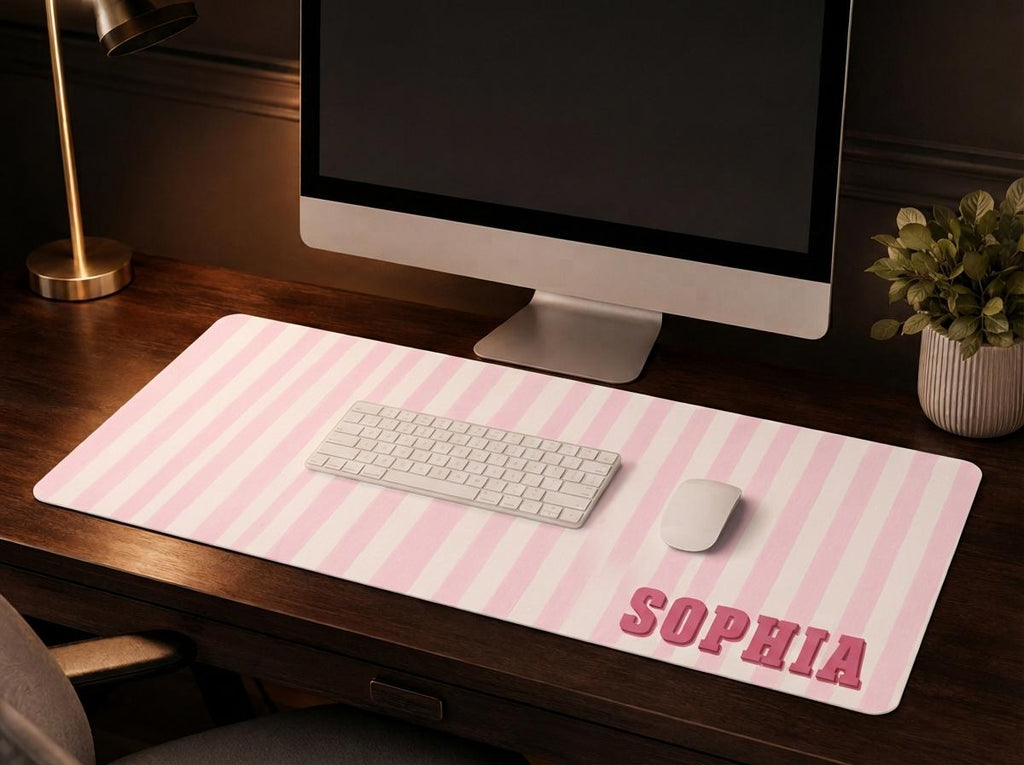 Personalized Striped Desk Mat, Custom Name Vegan Leather Desk Mat, 5 Color Options