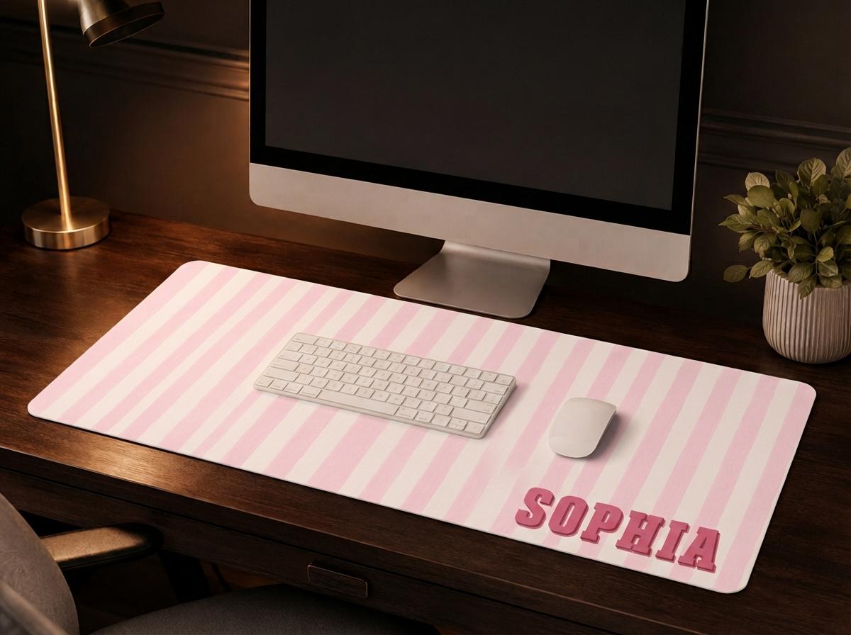 Personalized Striped Desk Mat, Custom Name Vegan Leather Desk Mat, 5 Color Options