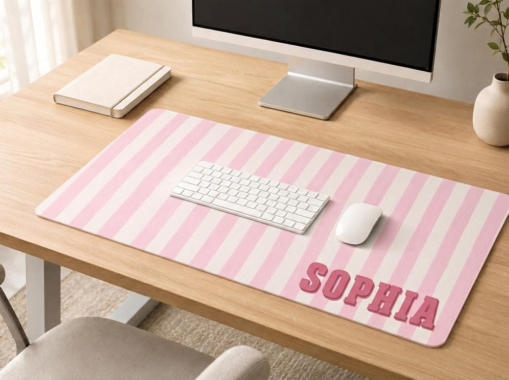 Personalized Striped Desk Mat, Custom Name Vegan Leather Desk Mat, 5 Color Options