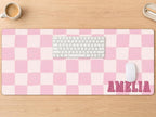 Personalized Checkered Desk Mat, Custom Name Vegan Leather Desk Mat, 5 Color Options