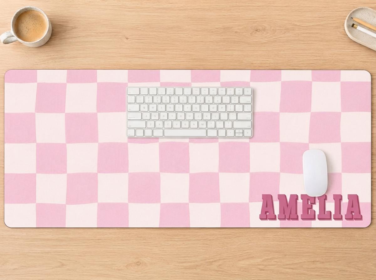 Personalized Checkered Desk Mat, Custom Name Vegan Leather Desk Mat, 5 Color Options