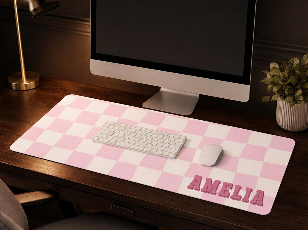 Personalized Checkered Desk Mat, Custom Name Vegan Leather Desk Mat, 5 Color Options