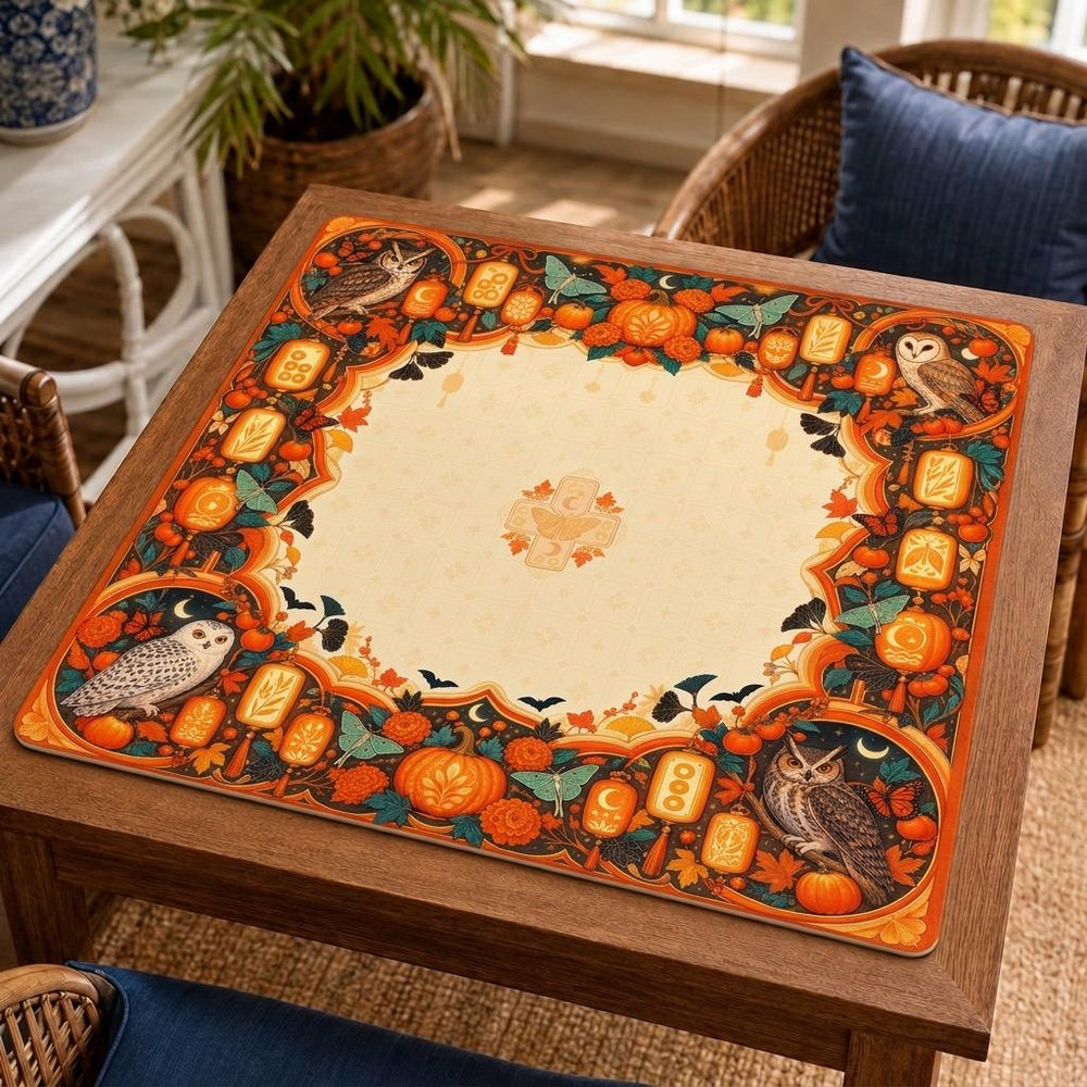 Owls, glowing-lantern illustrations and pumpkins form an orange-and-black border around the cream center of this Halloween Mahjong mat.