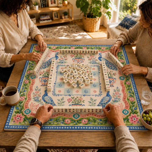 Layered green and blue borders, colorful flowers and ornamental details surround the pale center of this grandmillennial chinoiserie Mahjong mat.