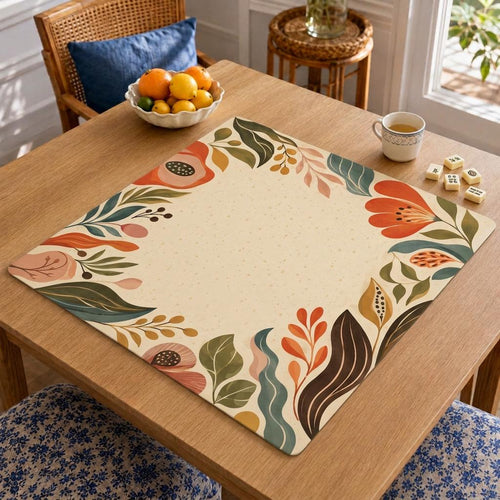 Stylized leaves and flowers in warm red, muted green and blue surround an open cream center on this Scandinavian botanical Mahjong mat.