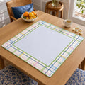 Fine pink, green and blue plaid lines surround a pale lavender center on this Country Club Mahjong mat.