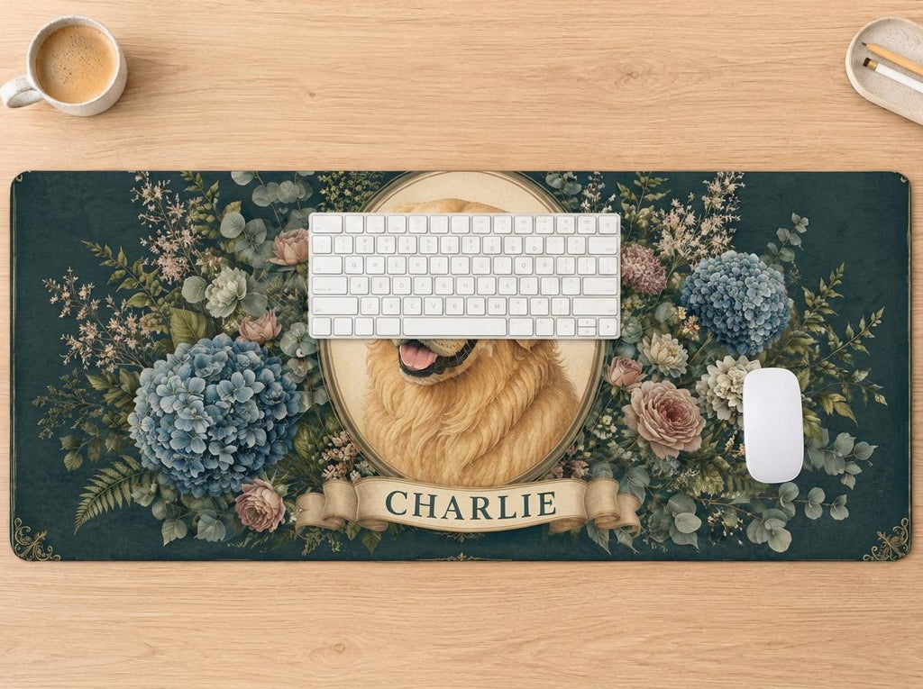 Personalized Pet Portrait Desk Mat, Custom Dog Vegan Leather Desk Mat, Floral Pet Lover Gift