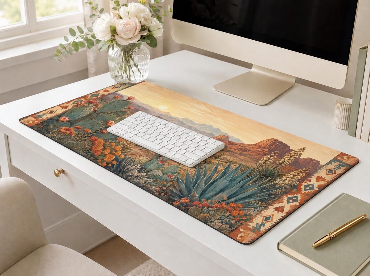 Southwestern Desert Desk Mat, Cactus Landscape Vegan Leather Desk Mat, Western Office Decor