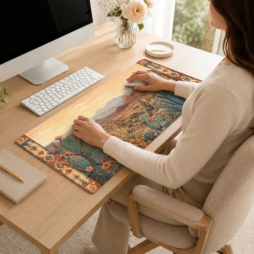 Southwestern Desert Desk Mat, Cactus Landscape Vegan Leather Desk Mat, Western Office Decor