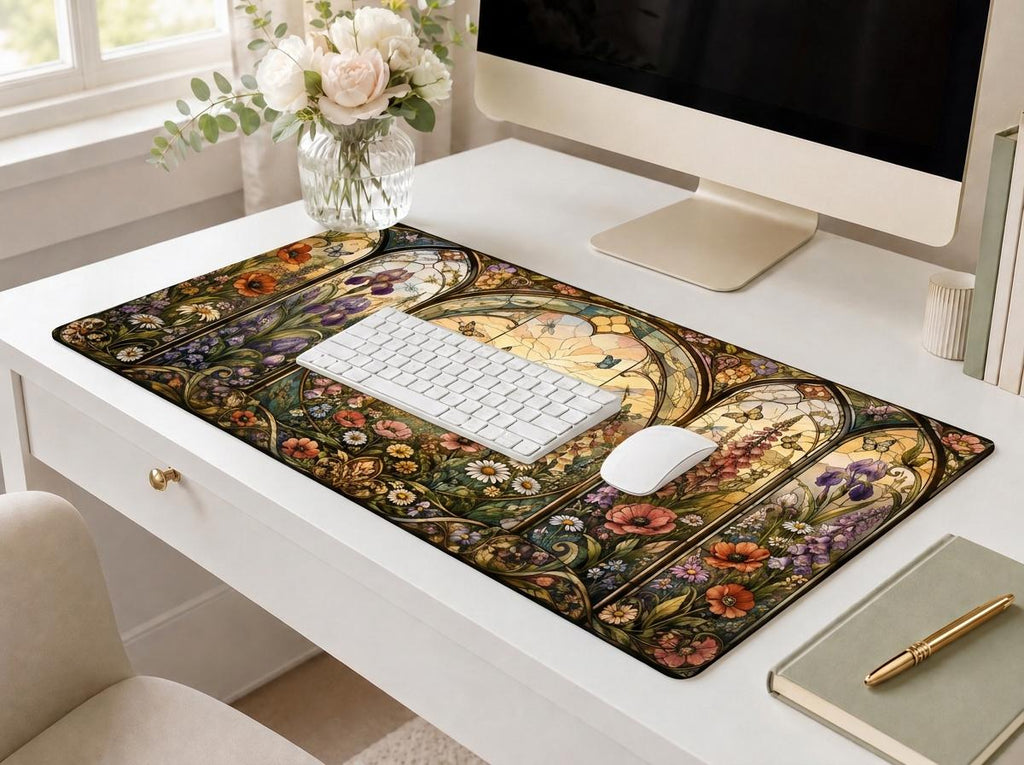 Stained Glass Wildflower Desk Mat, Floral Vegan Leather Desk Mat, Botanical Office Decor
