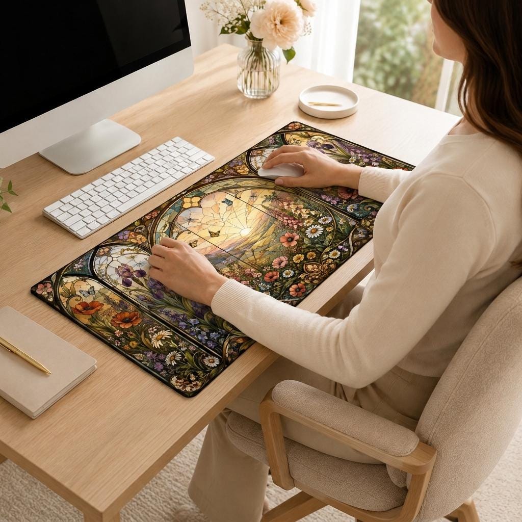 Stained Glass Wildflower Desk Mat, Floral Vegan Leather Desk Mat, Botanical Office Decor