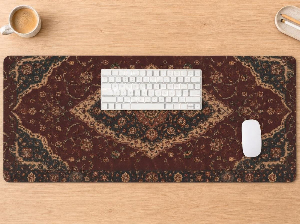 Vintage Persian Rug Desk Mat, Antique Carpet Vegan Leather Desk Mat, Traditional Office Decor