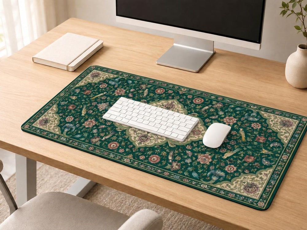 Emerald Persian Floral Desk Mat, Vintage Bird Vegan Leather Desk Mat, Ornate Office Decor