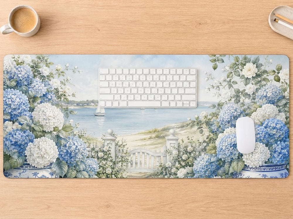 Blue Hydrangea Coastal Desk Mat, Grandmillennial Vegan Leather Desk Mat, Seaside Office Decor