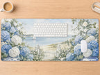 Blue Hydrangea Coastal Desk Mat, Grandmillennial Vegan Leather Desk Mat, Seaside Office Decor
