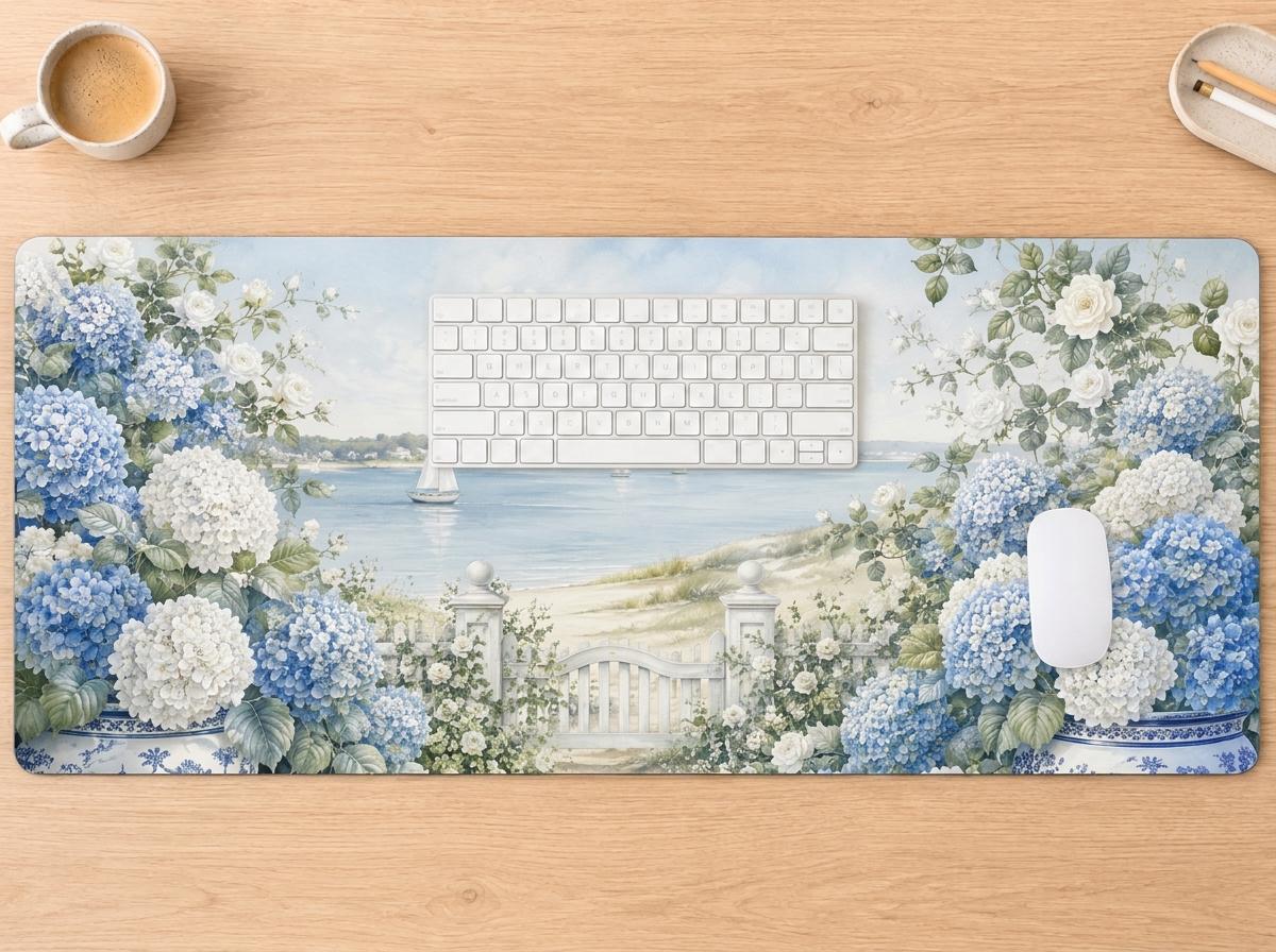 Blue Hydrangea Coastal Desk Mat, Grandmillennial Vegan Leather Desk Mat, Seaside Office Decor