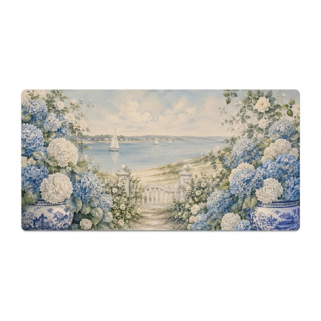 Blue Hydrangea Coastal Desk Mat, Grandmillennial Vegan Leather Desk Mat, Seaside Office Decor