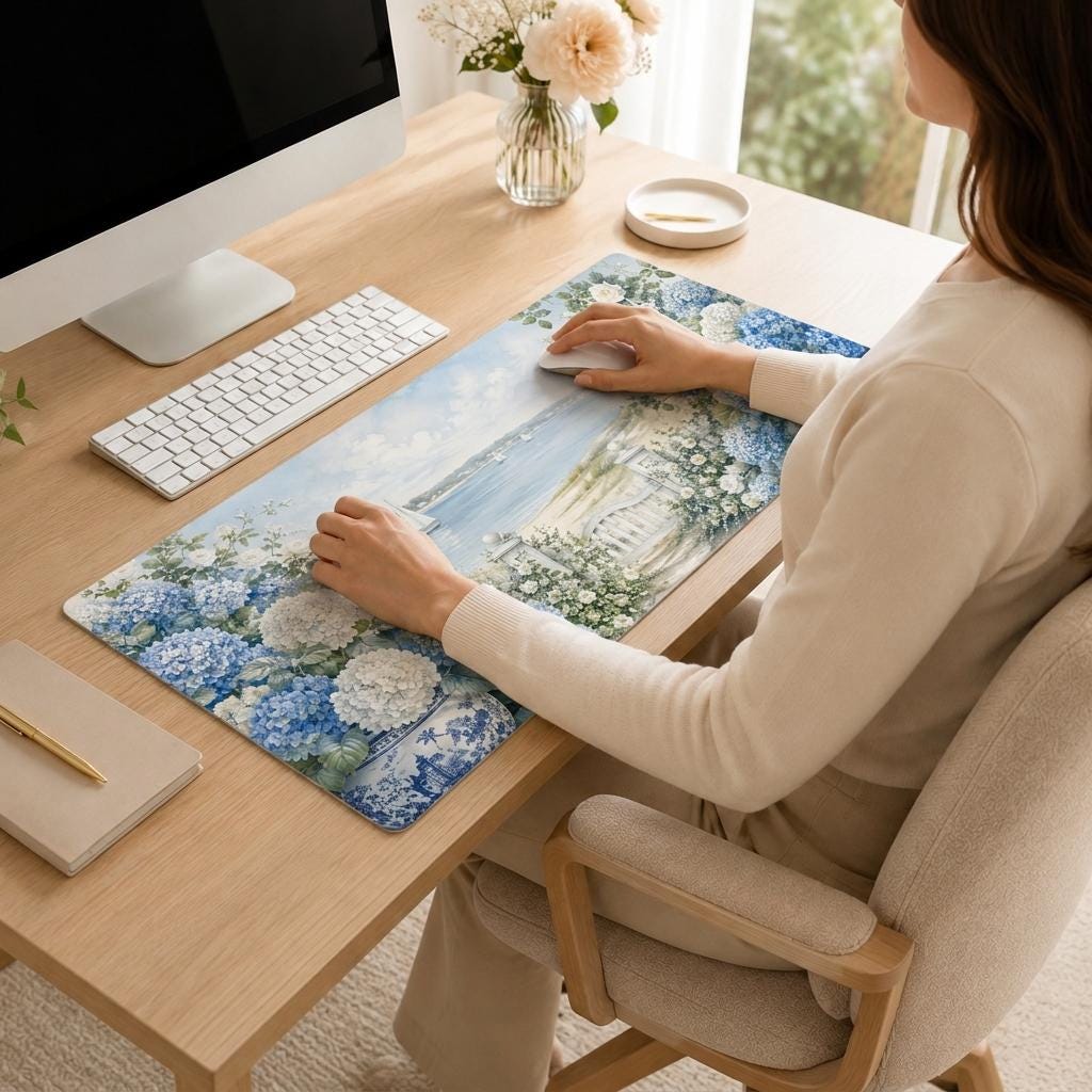 Blue Hydrangea Coastal Desk Mat, Grandmillennial Vegan Leather Desk Mat, Seaside Office Decor