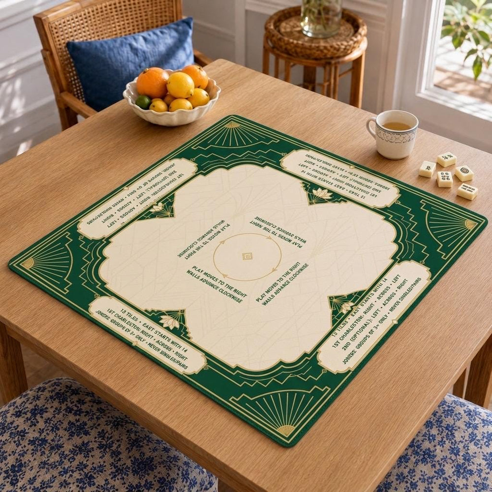 Emerald Art Deco borders and printed rule panels frame a cream center with a Charleston guide on this American Mahjong mat.