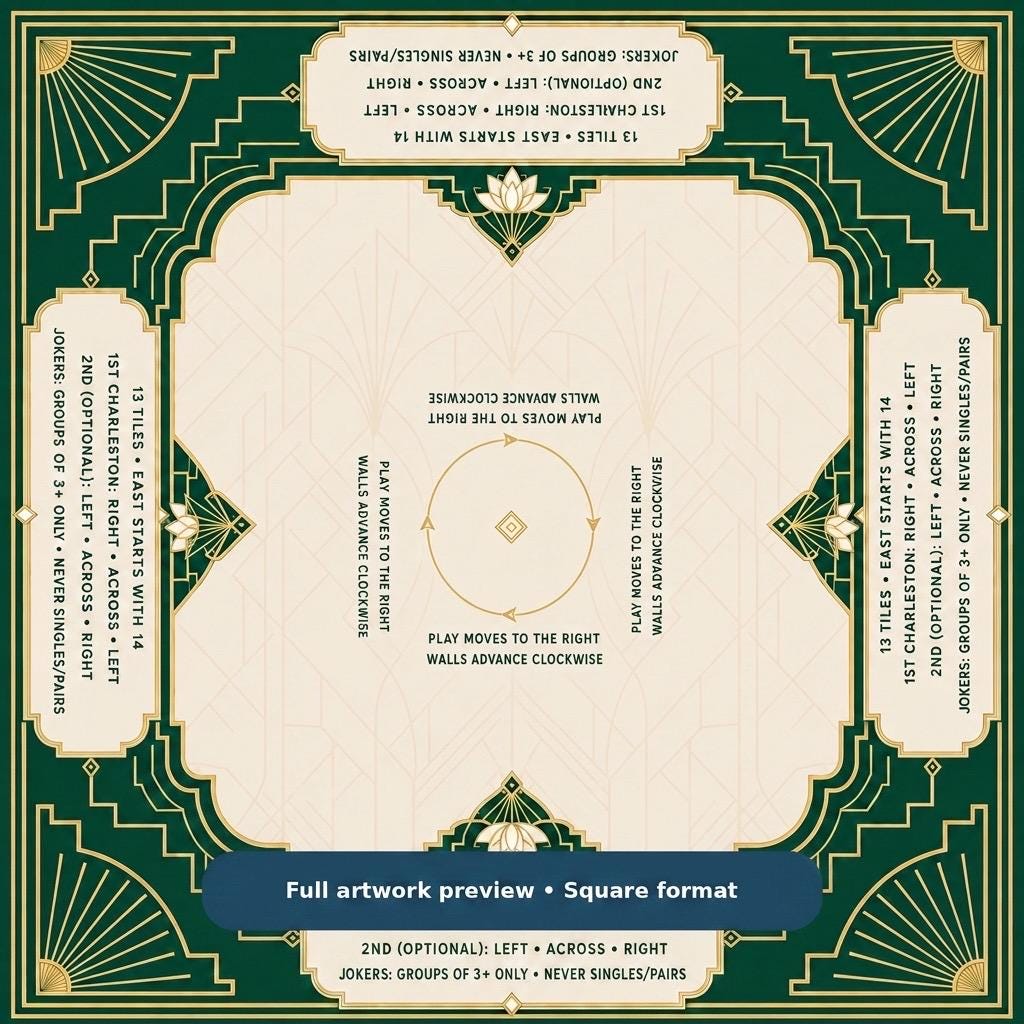 Emerald Art Deco American Mahjong Mat with Rules & Charleston Guide product detail