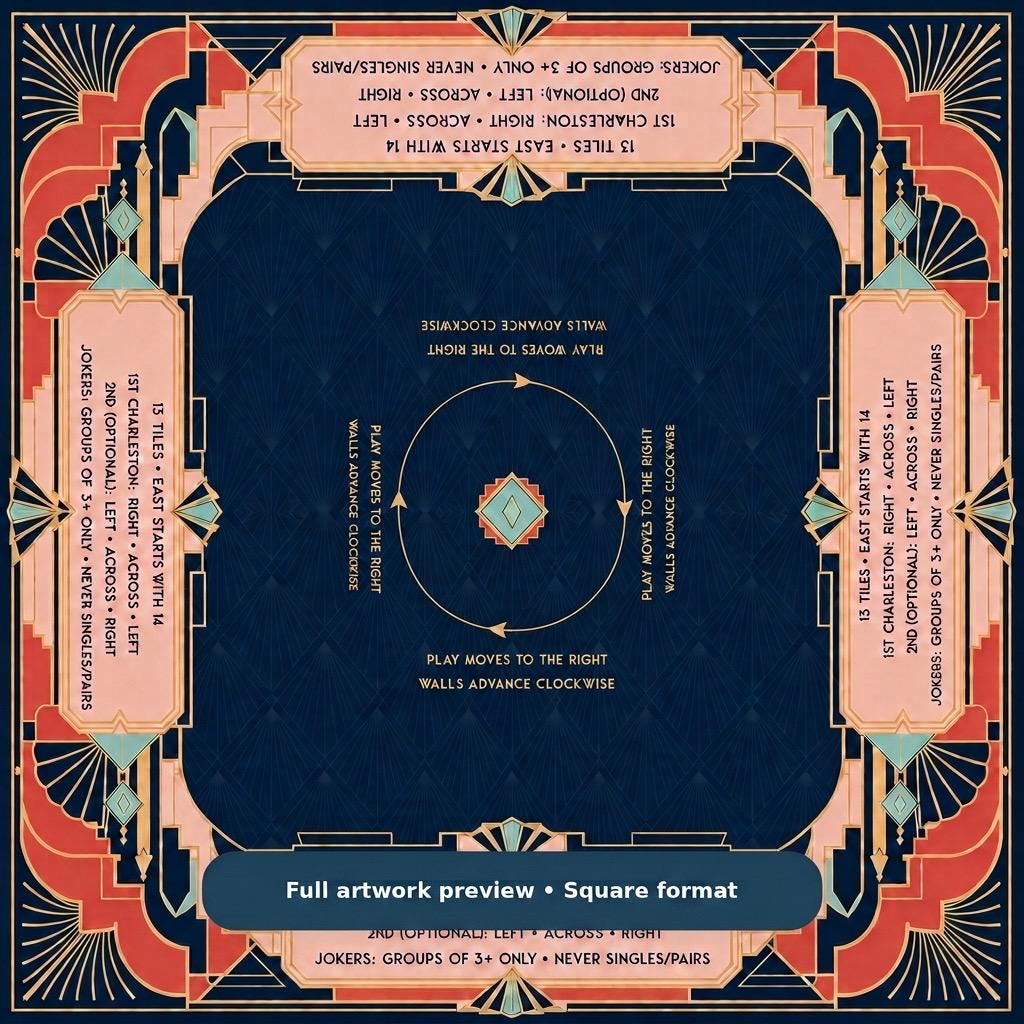 Navy Coral Art Deco American Mahjong Mat with Rules & Charleston Guide product detail