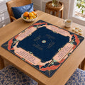 Coral instruction panels and Art Deco linework surround a navy playing area with a printed Charleston guide on this American Mahjong mat.