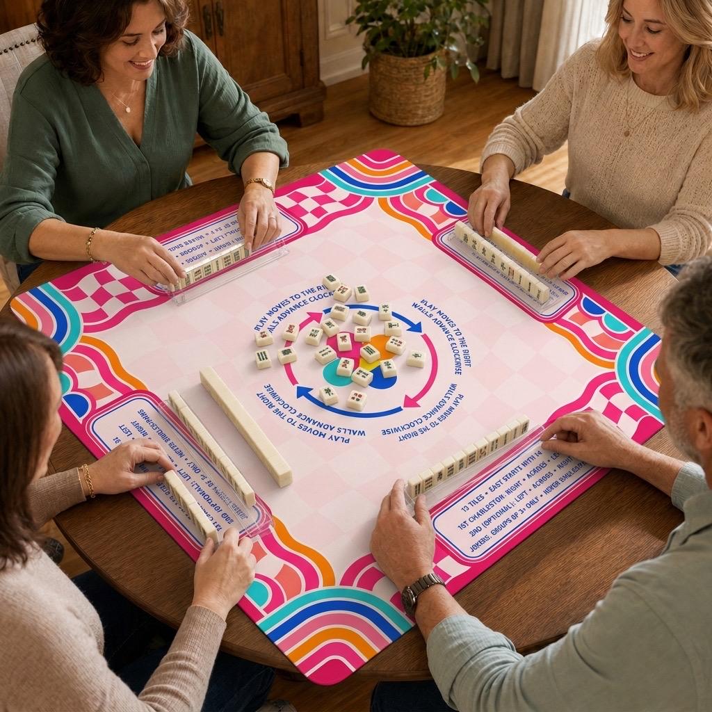 Pink Retro American Mahjong Mat with Rules & Charleston Guide Vegan Leather product detail