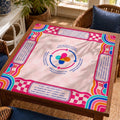 Rainbow arches and pink checkerboard borders frame printed American Mahjong rules and a central Charleston guide on this retro Mahjong mat.