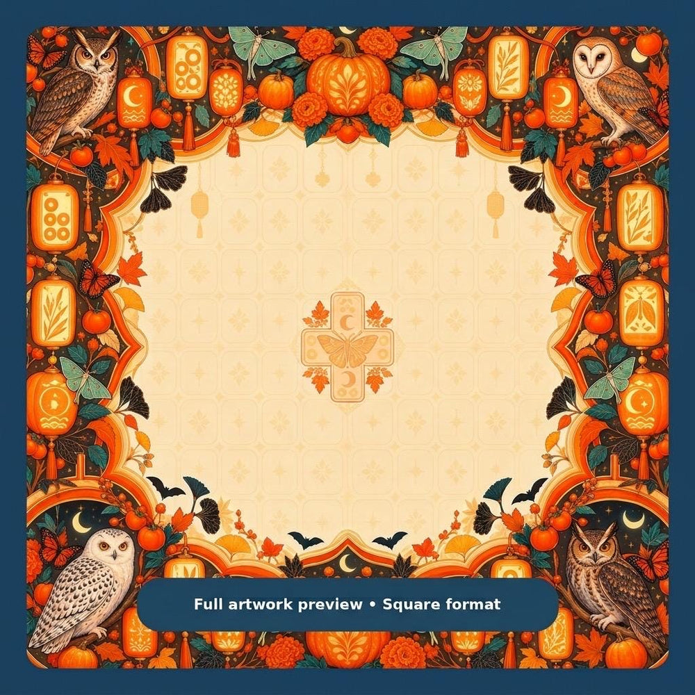 Orange Halloween Mahjong Mat – Owl Lantern Pumpkin Botanical Vegan Leather product detail