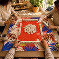 Tigers and tropical foliage border a bright red center, with bold blue panels adding contrast to this square Mahjong mat.
