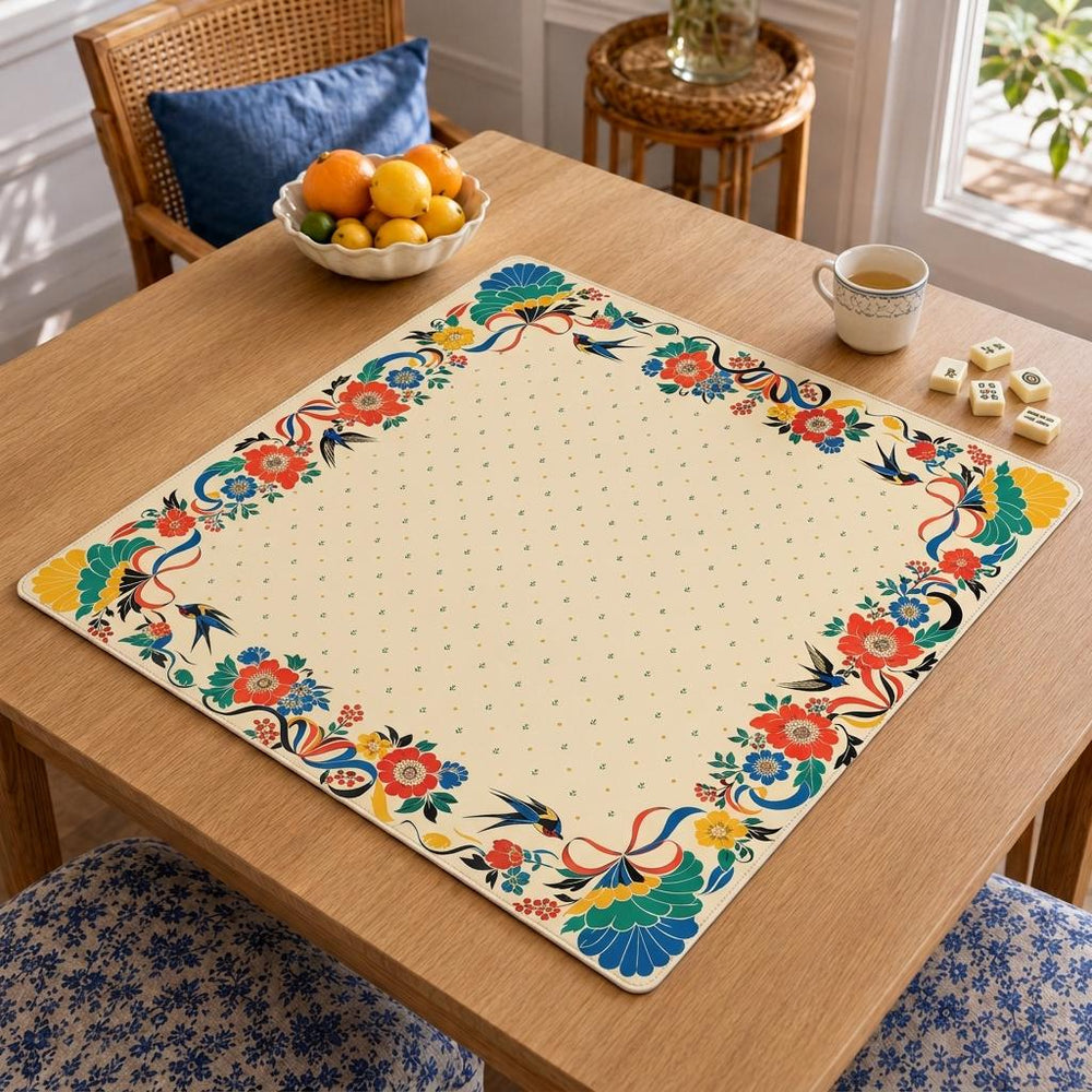 Scandinavian Folk Mahjong Mat – Colorful Bird Floral Vegan Leather product detail