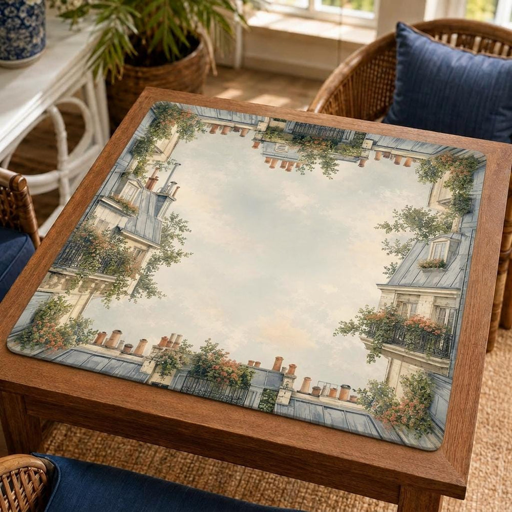Parisian building facades, balconies and greenery surround a pale open center on this French apartment-inspired Mahjong mat.