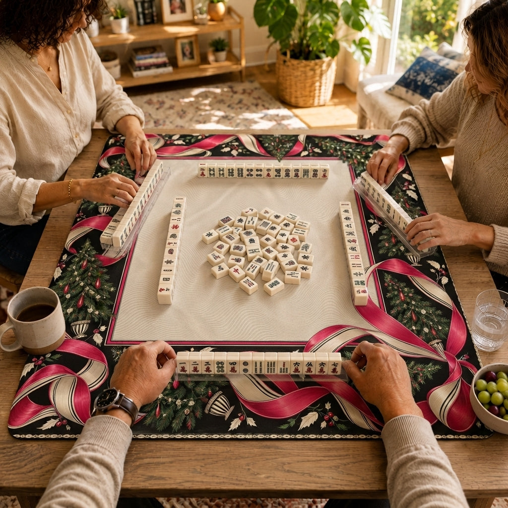 Mahjong game in progress on the Christmas mat with cream patterned center, flowing pink ribbons, evergreen branches and small ornaments