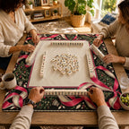 Mahjong game in progress on the Christmas mat with cream patterned center, flowing pink ribbons, evergreen branches and small ornaments