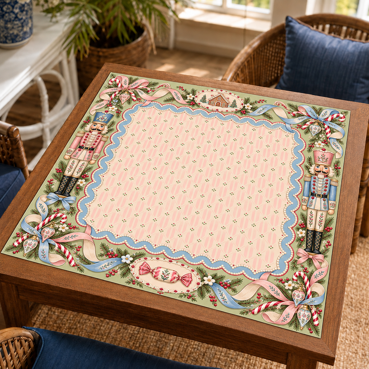 Christmas Mahjong mat with pink striped center, pastel nutcrackers, blue scalloped trim and ribbon bows on a wooden game table