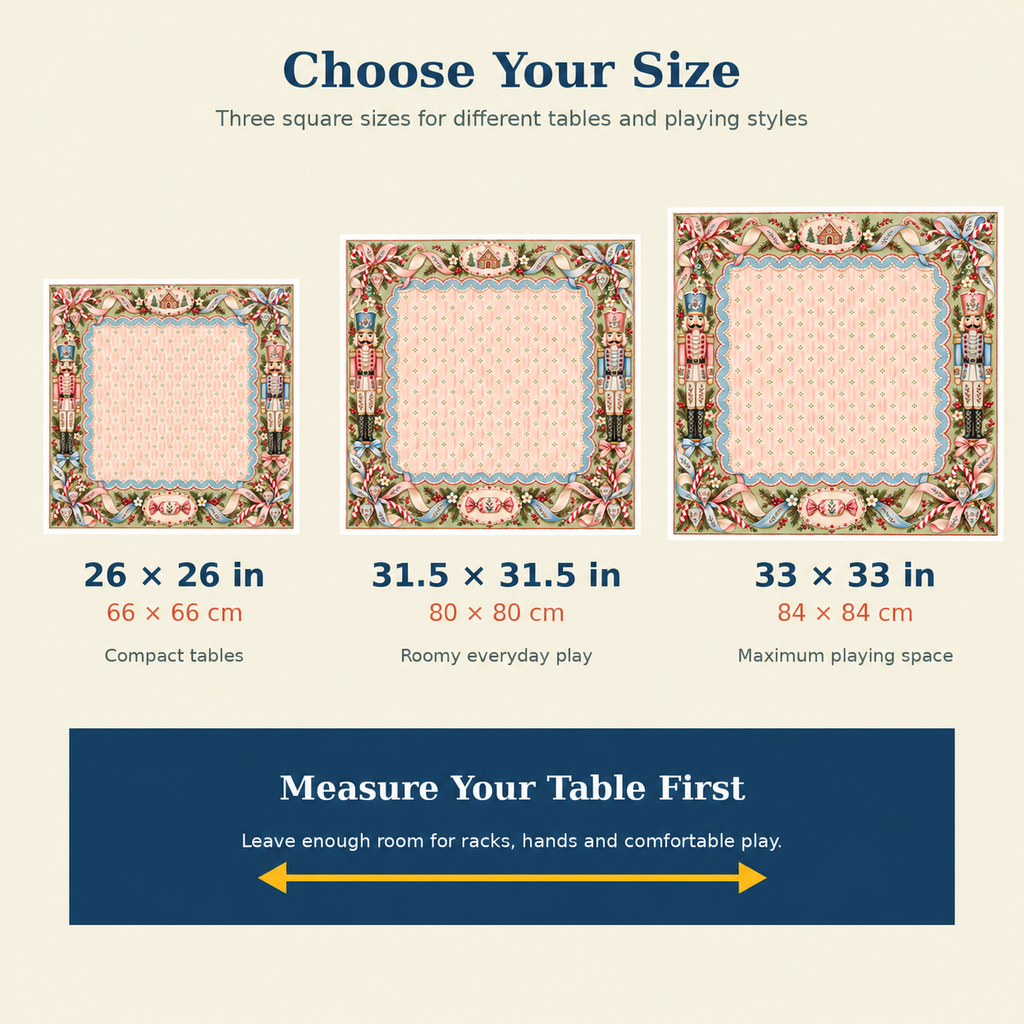 Size guide for the Pastel Nutcracker Christmas Mahjong Mat Pink & Blue: 26 x 26, 31.5 x 31.5 and 33 x 33 inches