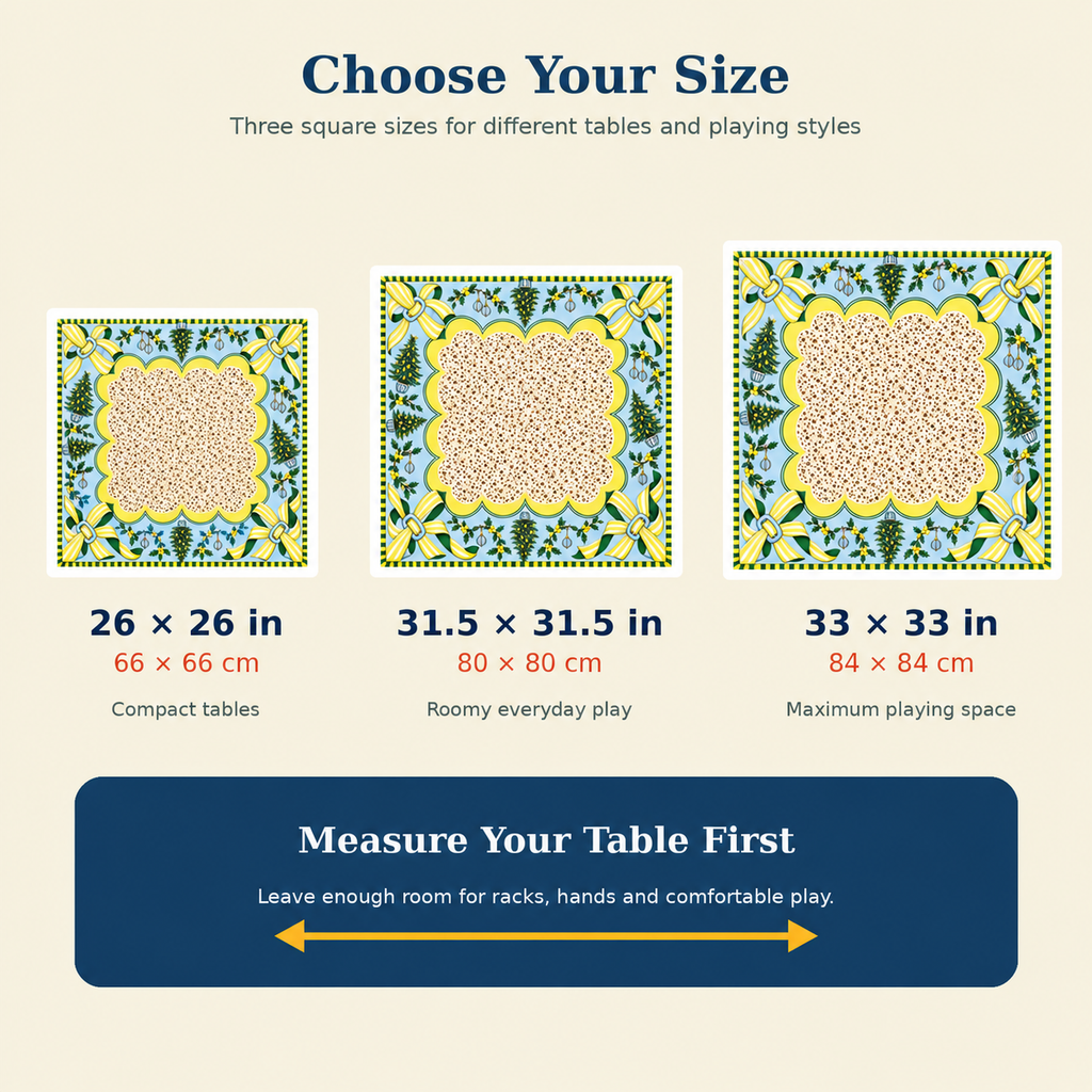 Size guide for the Yellow Bow Christmas Tree Mahjong Mat Blue Border: 26 x 26, 31.5 x 31.5 and 33 x 33 inches
