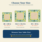 Size guide for the Yellow Bow Christmas Tree Mahjong Mat Blue Border: 26 x 26, 31.5 x 31.5 and 33 x 33 inches