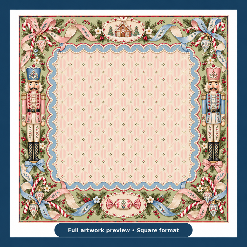 Full artwork preview of the Christmas Mahjong mat with pink striped center, pastel nutcrackers, blue scalloped trim and ribbon bows