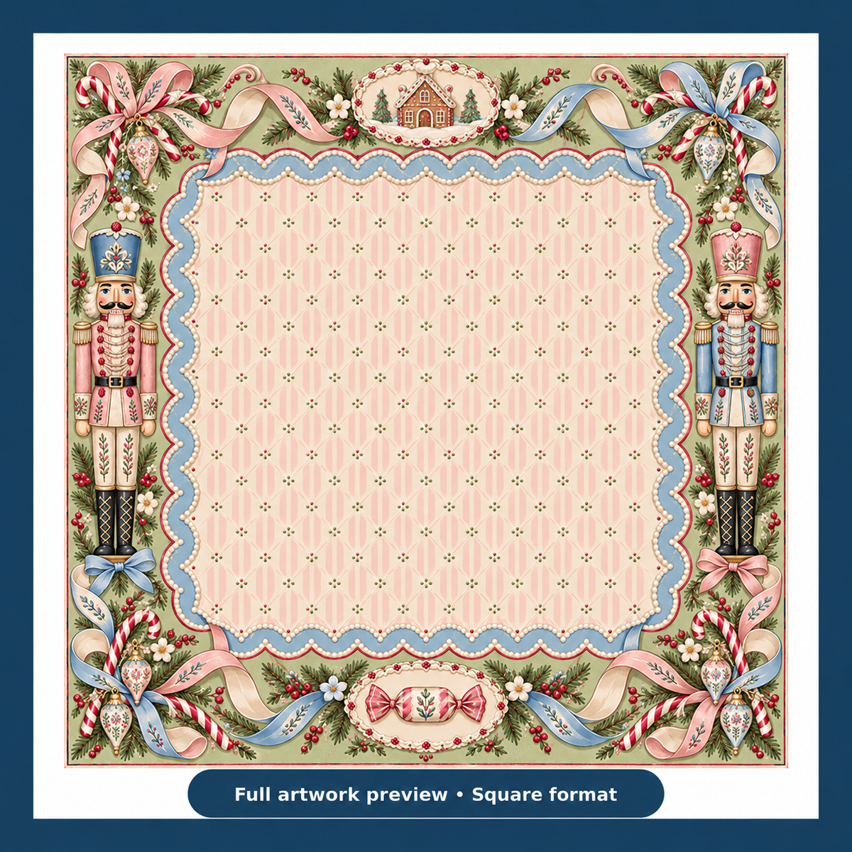 Full artwork preview of the Christmas Mahjong mat with pink striped center, pastel nutcrackers, blue scalloped trim and ribbon bows