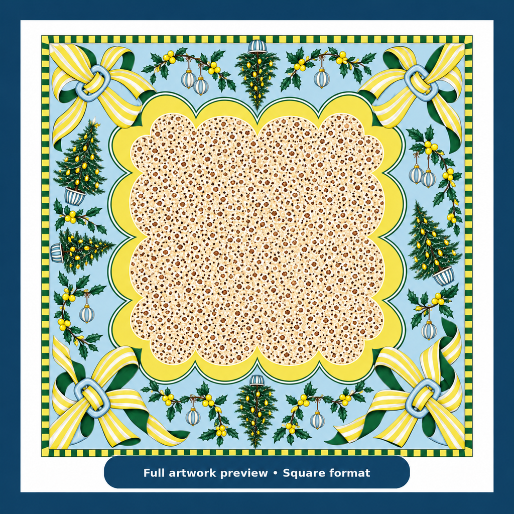 Full artwork preview of the Christmas Mahjong mat with cream patterned center, pale blue border, yellow striped bows and Christmas trees