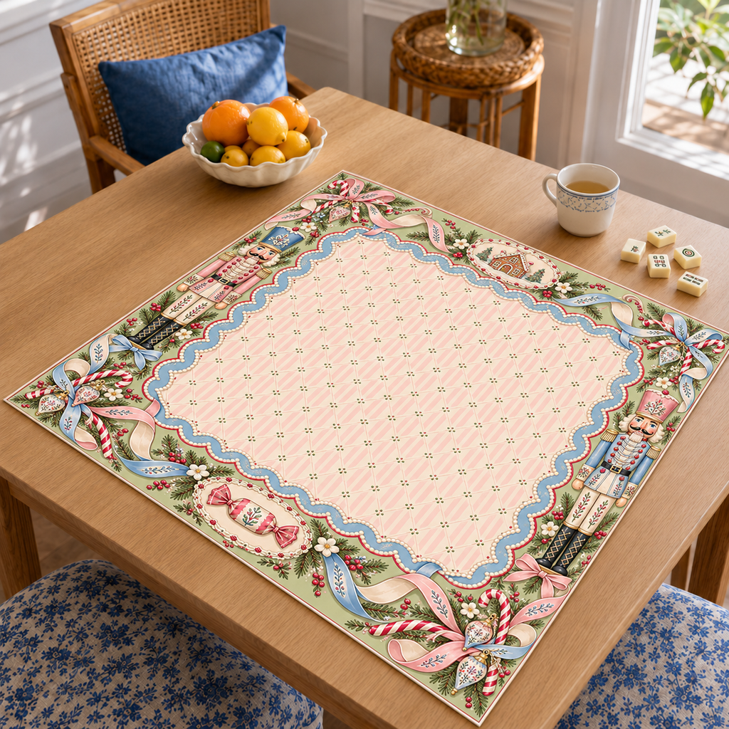 Angled table view of the Christmas Mahjong mat with pink striped center, pastel nutcrackers, blue scalloped trim and ribbon bows