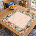 Angled table view of the Christmas Mahjong mat with pink striped center, pastel nutcrackers, blue scalloped trim and ribbon bows