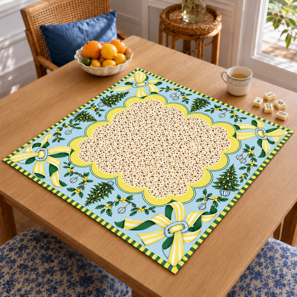 Angled table view of the Christmas Mahjong mat with cream patterned center, pale blue border, yellow striped bows and Christmas trees