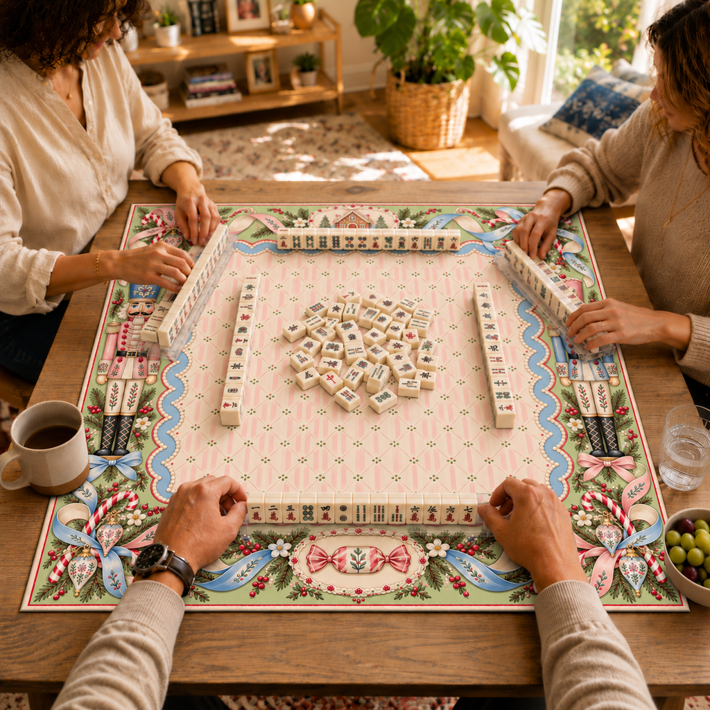 Mahjong game in progress on the Christmas mat with pink striped center, pastel nutcrackers, blue scalloped trim and ribbon bows
