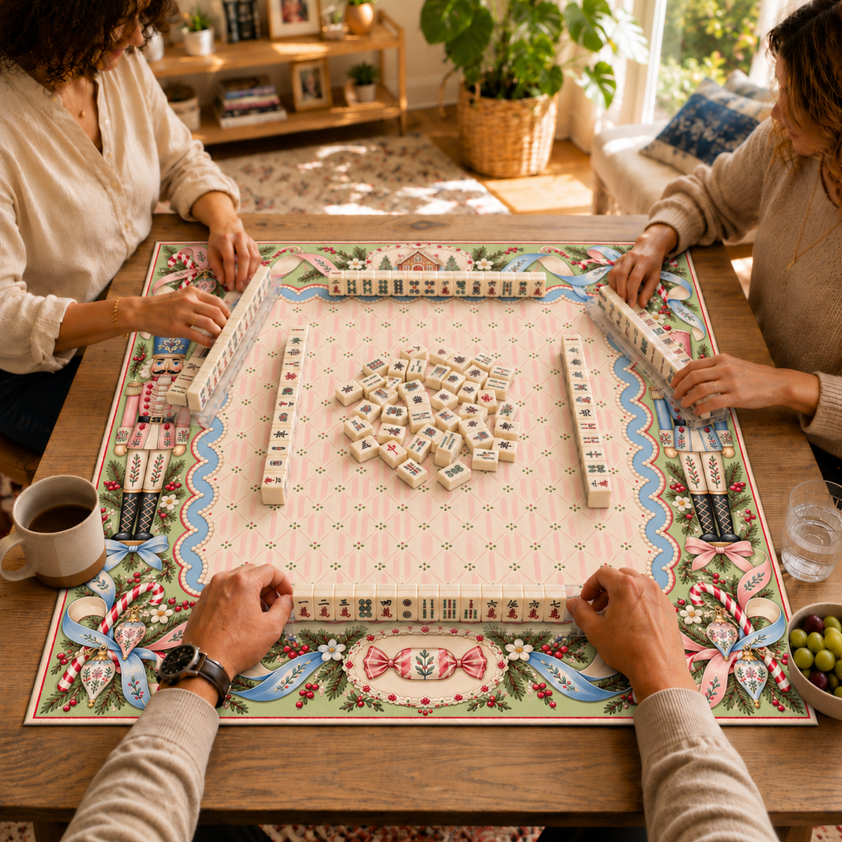 Mahjong game in progress on the Christmas mat with pink striped center, pastel nutcrackers, blue scalloped trim and ribbon bows
