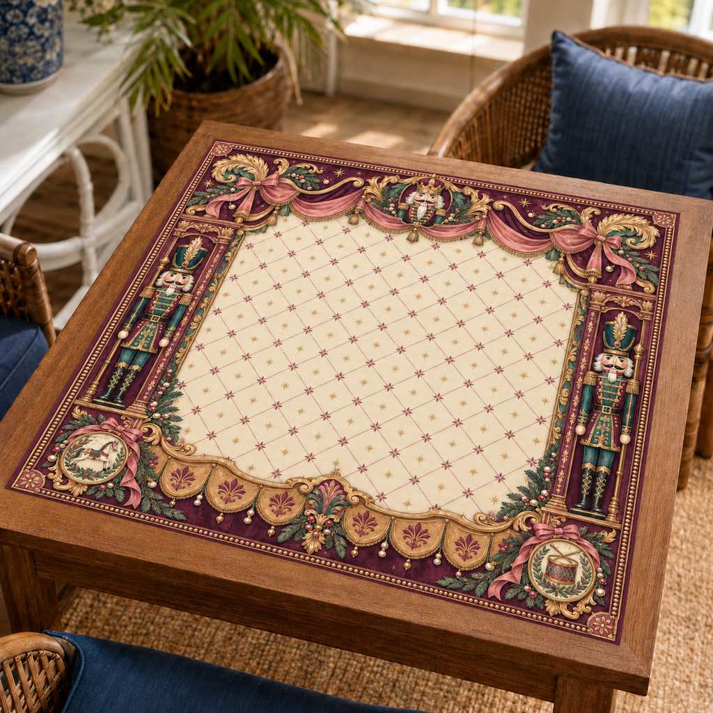 Christmas Mahjong mat with cream lattice center, burgundy drapery, nutcrackers and gold-tone scrollwork on a wooden game table